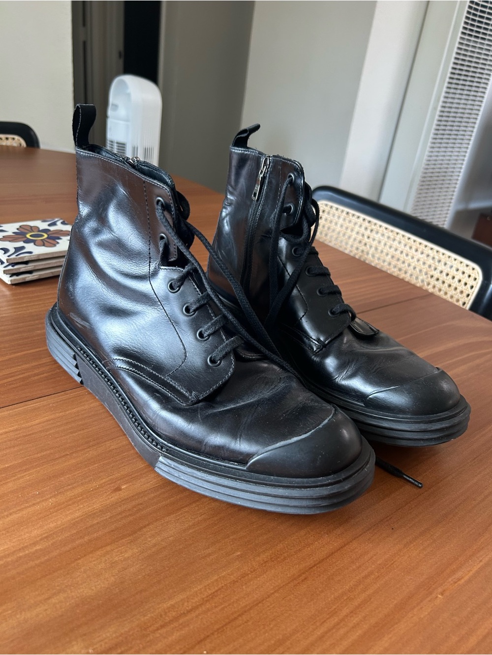 Men's Prada Black Leather Lace-Up Combat Boots